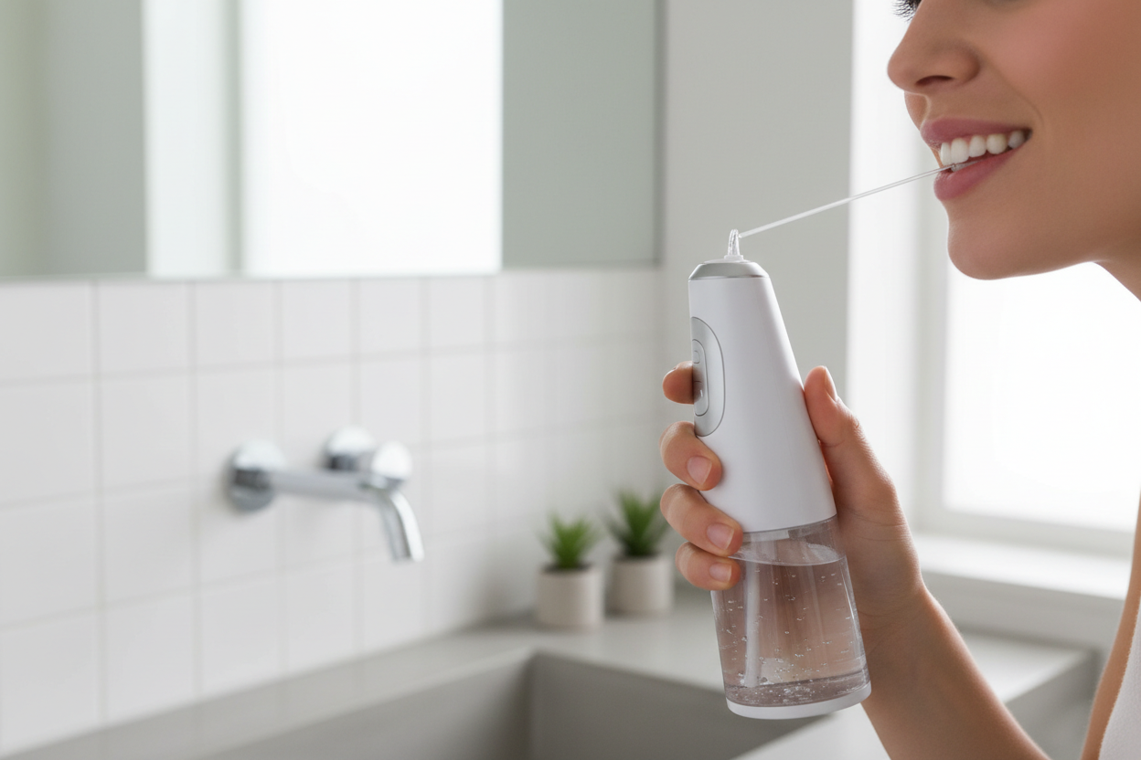 a person using a electric water flosser