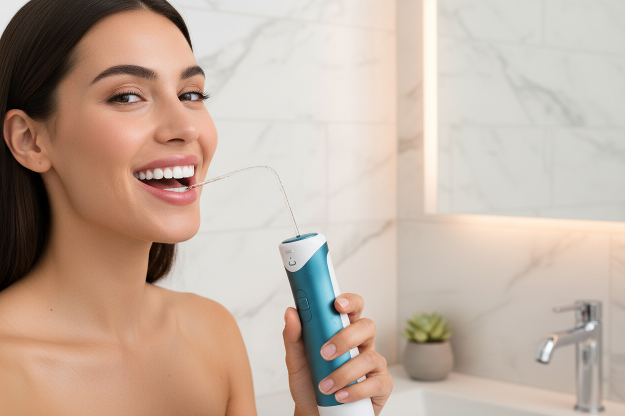 perfect smile while using an electric water flosser