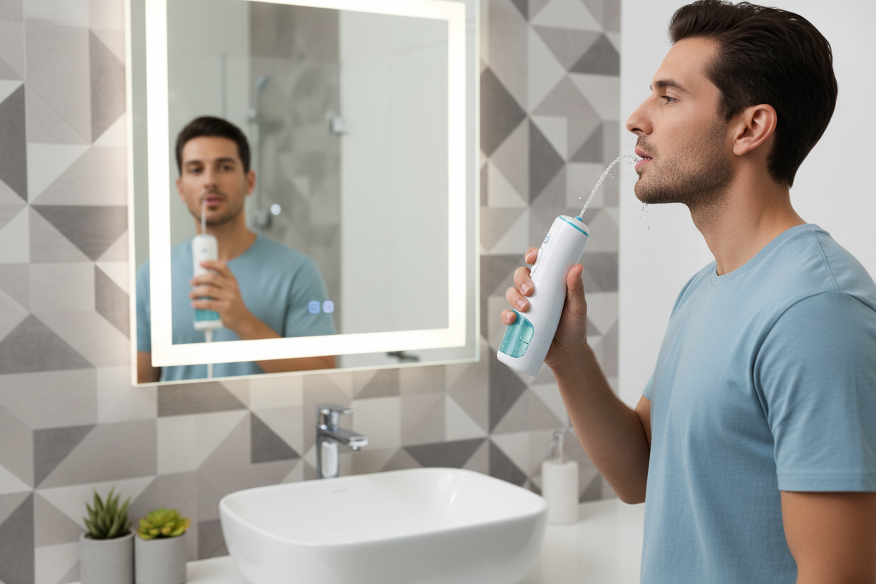 person using an electric water flosser